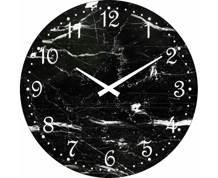 French Country Retro Glass Wall Clock Black Marble Look 30cm