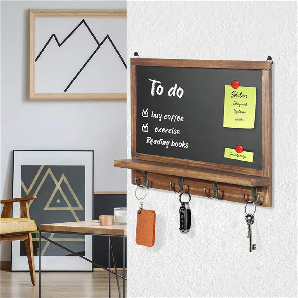 Rustic Wood Wall-Mounted Entryway Chalkboard Sign with Shelf Ledge/8 Metal Hooks