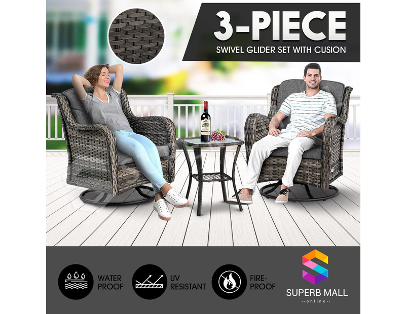 Garden Outdoor Furniture Lounge Setting 3 Pcs Patio Wicker Sofa Set Swivel Chair