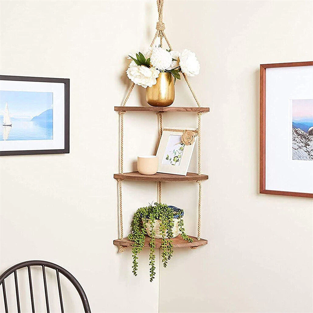 Hanging Corner Shelf 3 Tier Rustic Wood Floating Organiser Displays Storage Rack