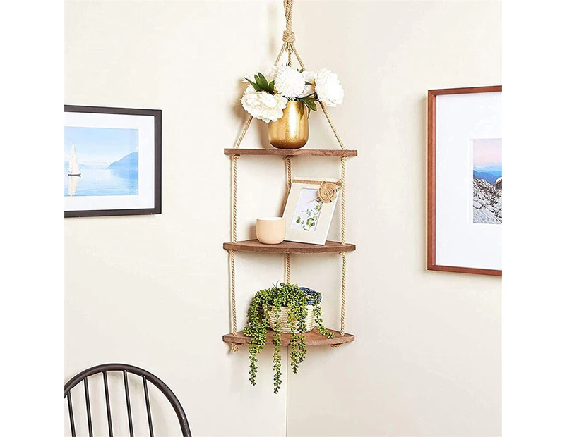 Hanging Corner Shelf 3 Tier Rustic Wood Floating Organiser Displays Storage Rack