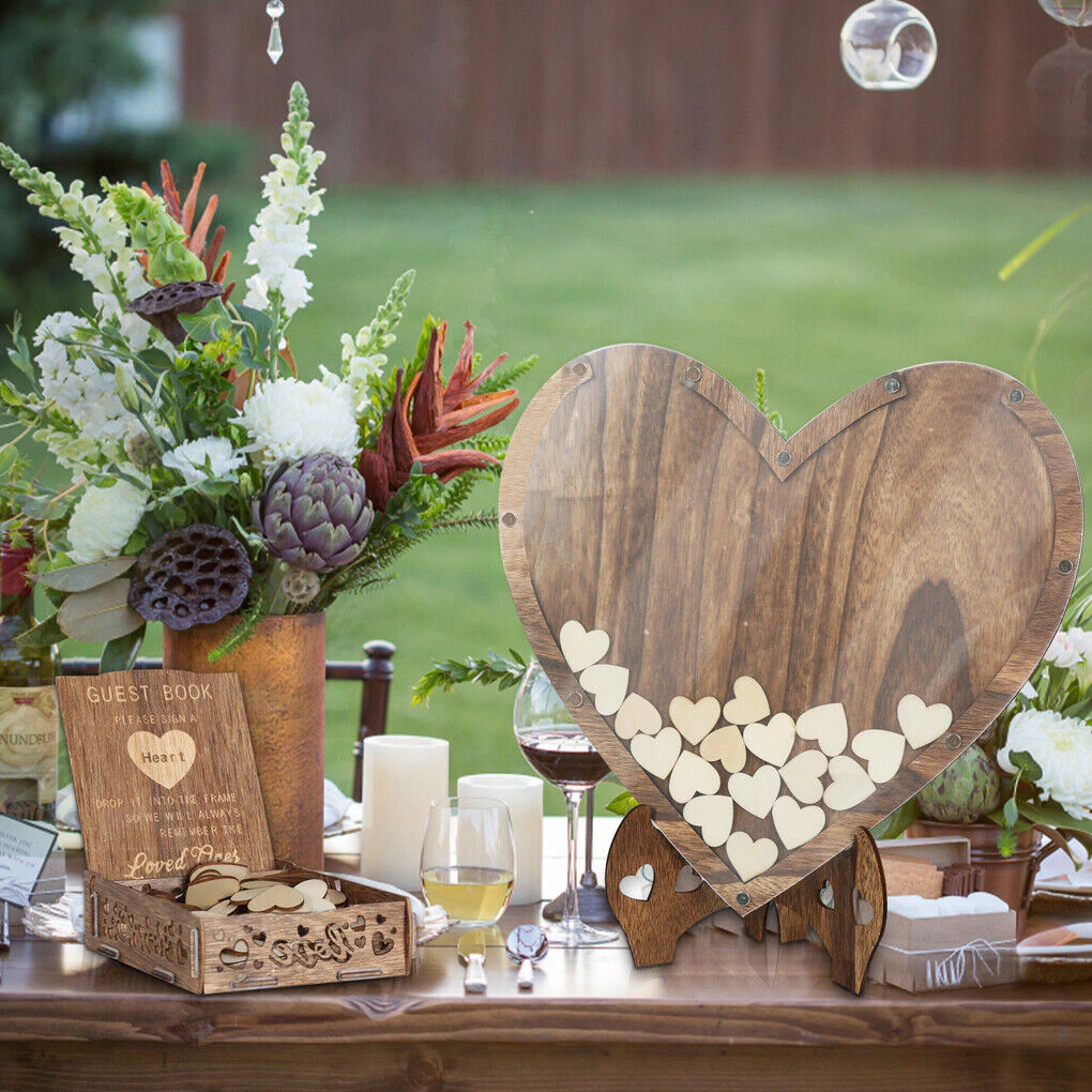 Wedding Guest Book Alternative with Stand+Storage Box+88PCS Wooden Hearts+Pens