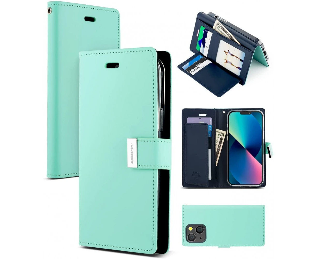 iPhone XR 6.1" Mercury Goospery Rich Diary Dual Wallet Flip Case Phone Cover Stand with 5 Card Holder Slots, Mint/ Navy