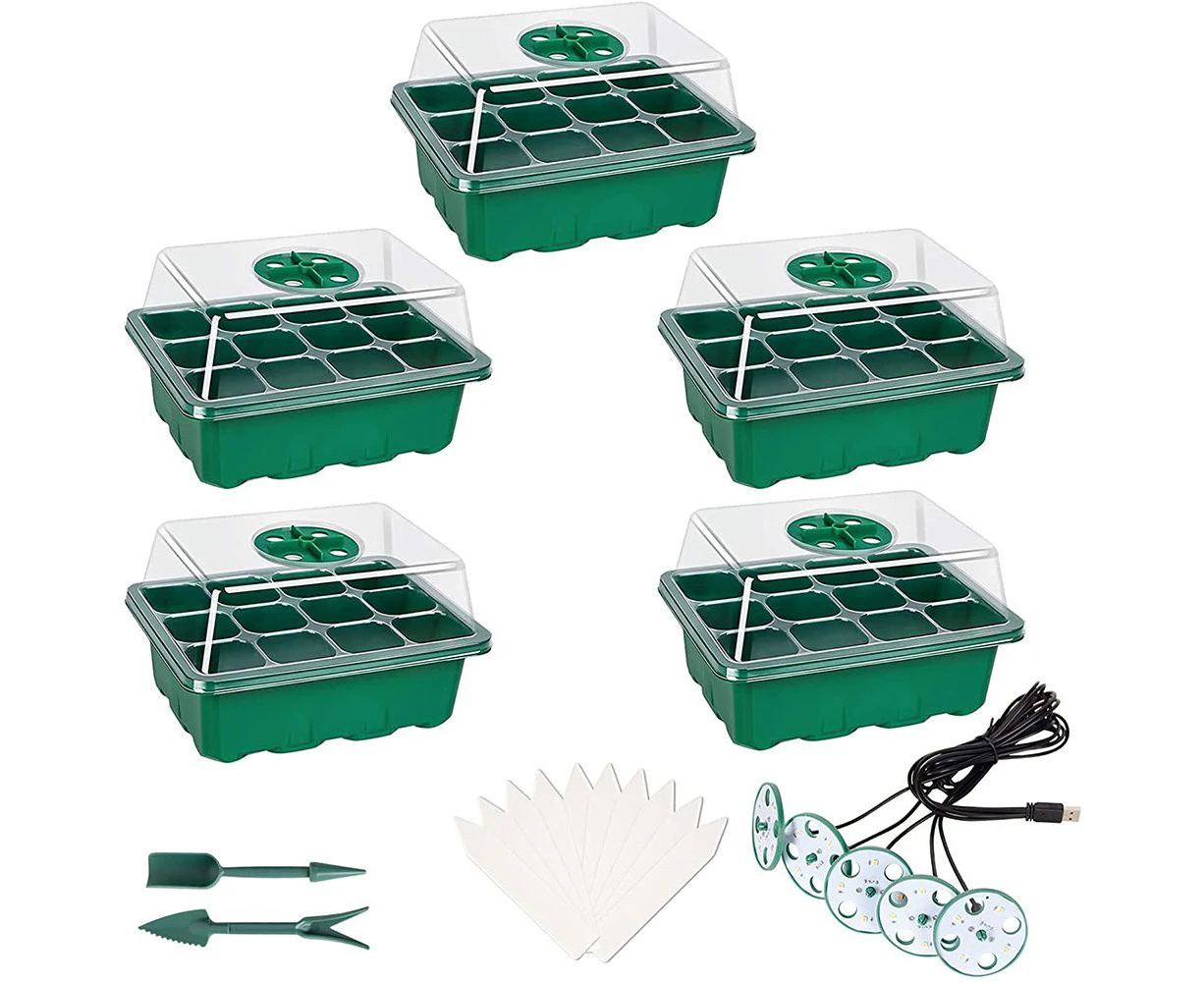 5 Pack 12 Cells Per Tray Seedling Tray Kit With Dome and Light,Seed Starter Tray Grow Trays Humidity Adjustable Plant Starter