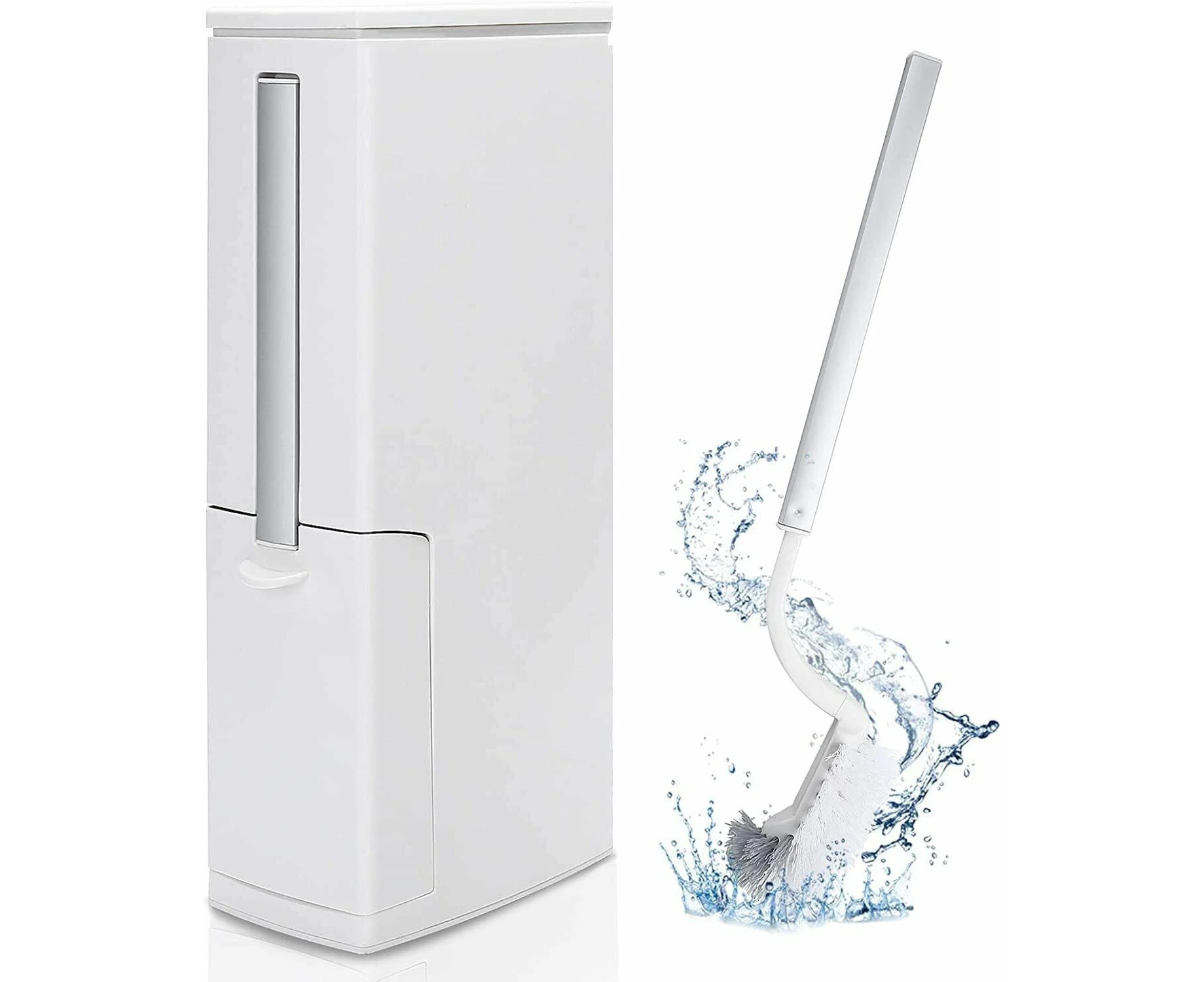 2 in 1 Plastic Trash Can with Toilet Brush Set, 5 Liter/1.3 Gallon Garbage Can with Press Top Lid and Toilet Brush Holder, White Slim Rectangular Mode