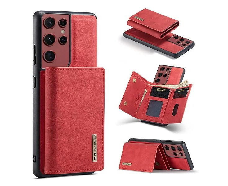 DG.MING For Samsung Galaxy S22 Ultra Premium Trifold Wallet Leather Case With 2-in-1 Magnetic Detachable Card Holder Pocket Cover - Red