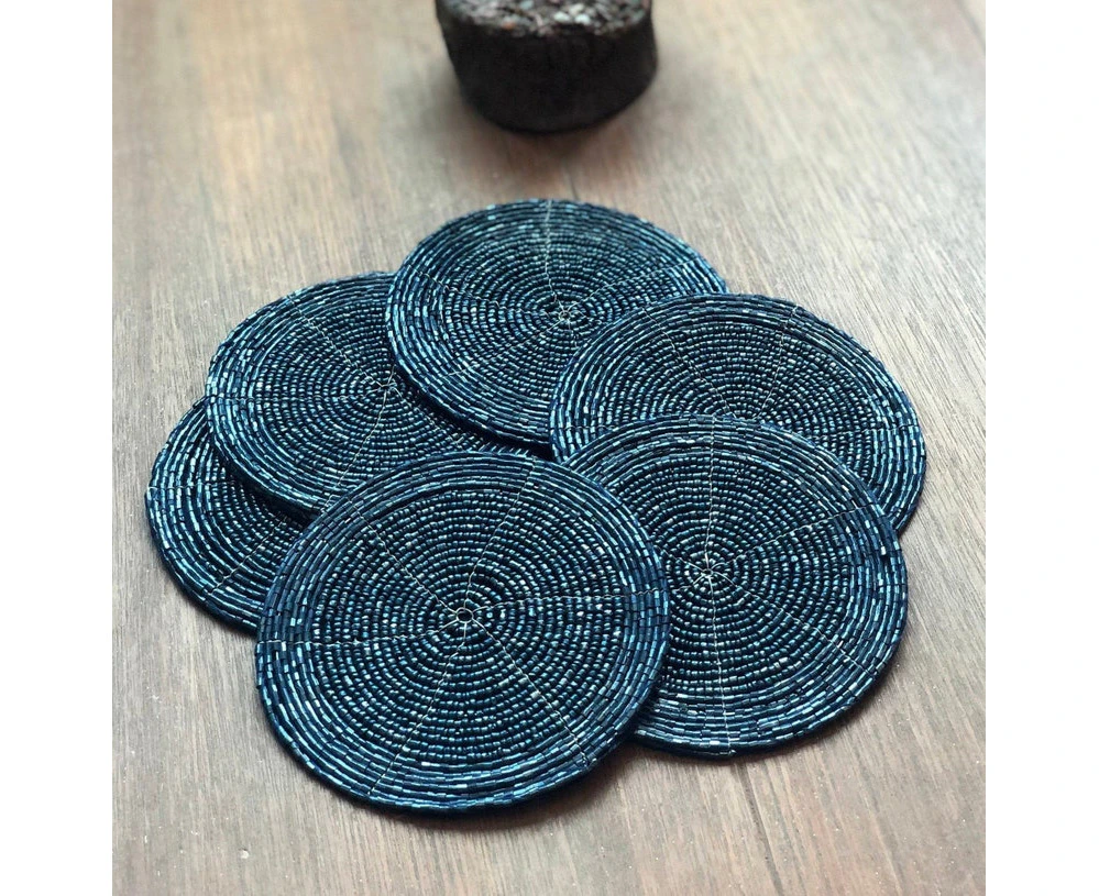 Navy Blue Coasters, Set of 6, Handmade Beaded Coasters