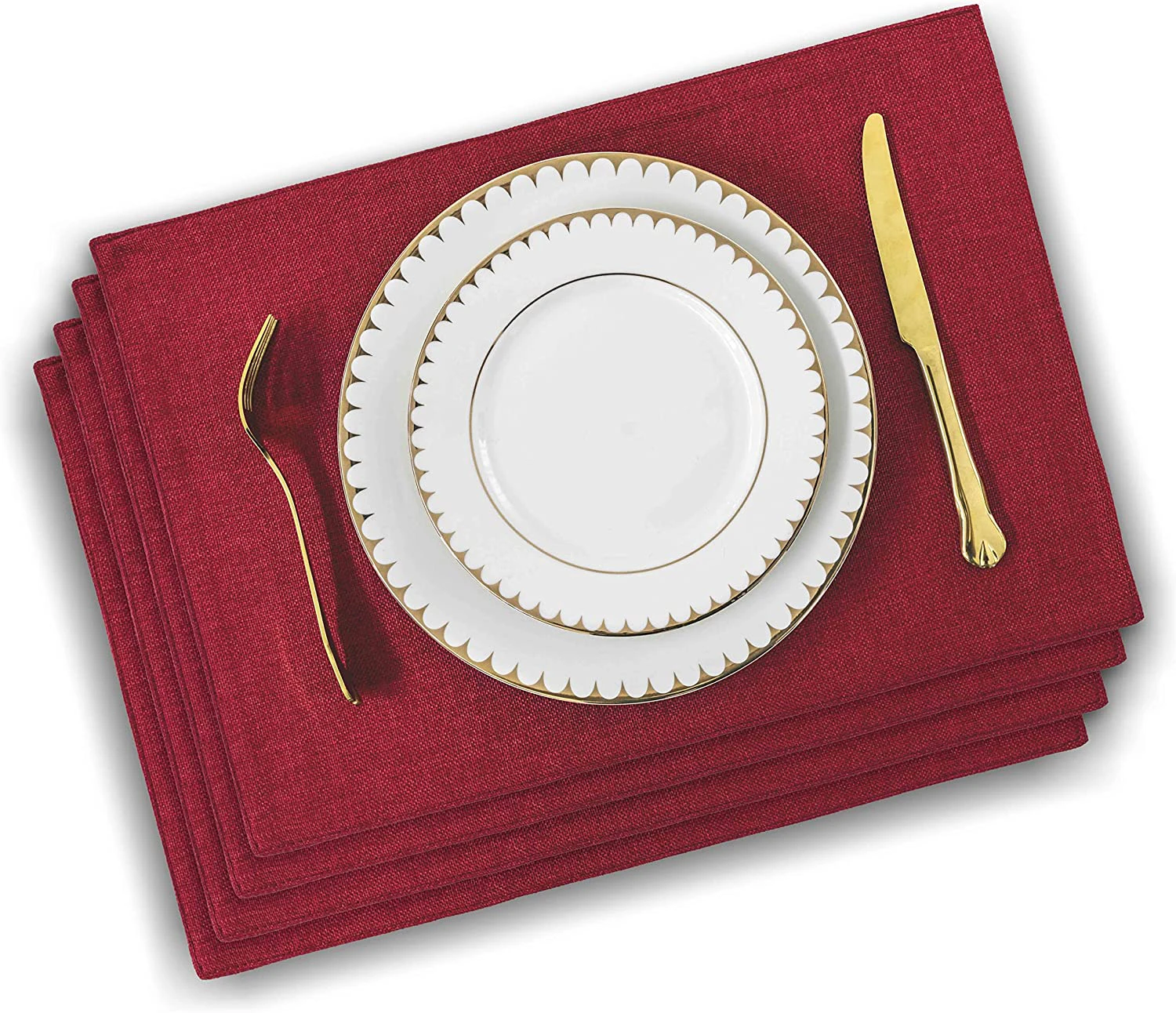 Linen Textured Placemat Set Washable Place Mats for Dining Table - Burgundy