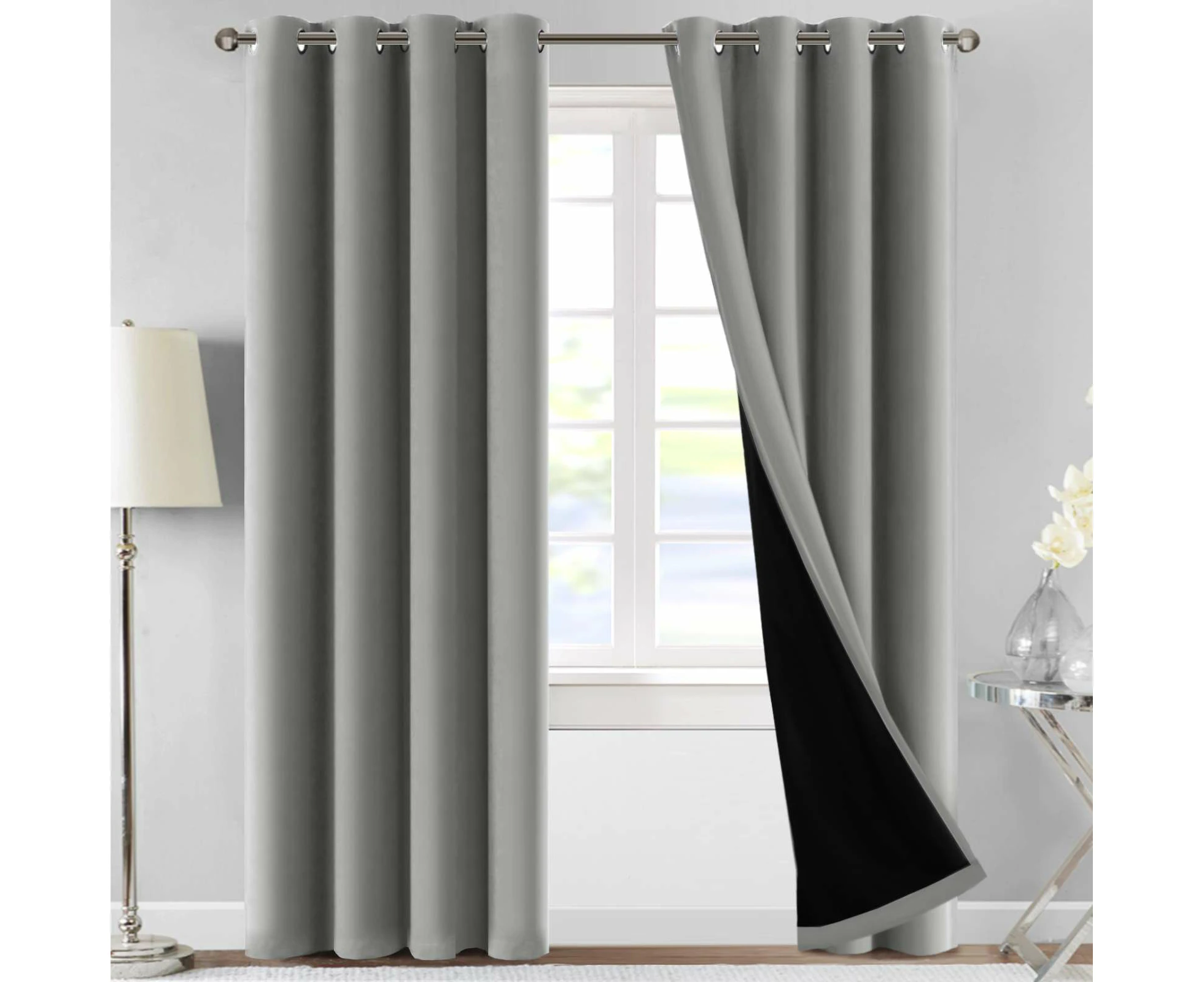 PrimePros 100% Blackout Curtains Thermal Insulated Full Room Darkening Noise Reduce Curtains Double Layer with Black Liner 2 Panels Set, Dove Grey