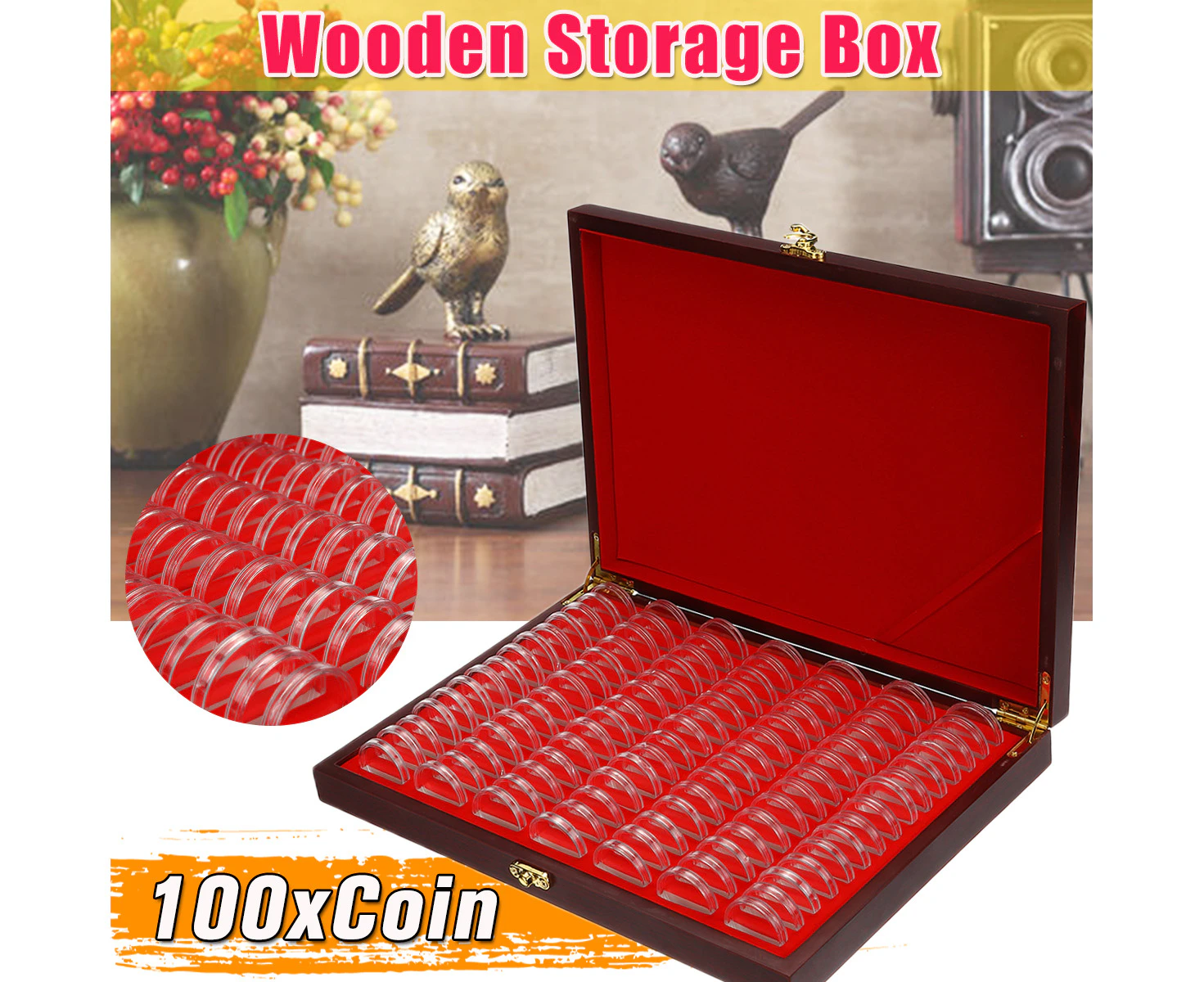 100Pcs Coin Capsules Holders Red Wooden Storage Box Display Container Case