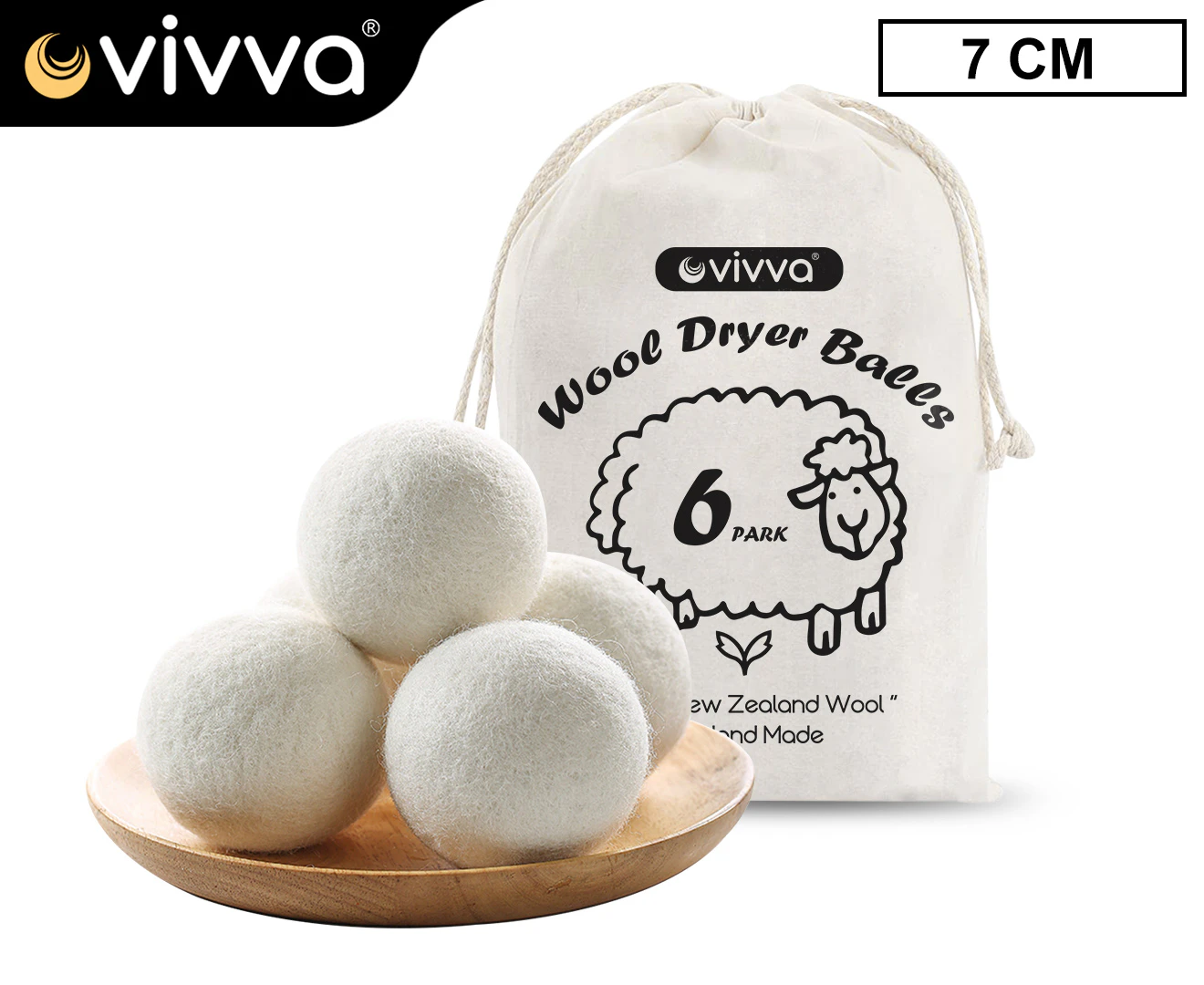 Vivva 6X 100% Zealand Wool Dryer Balls Drying Fabric Softner Clothes - 7cm