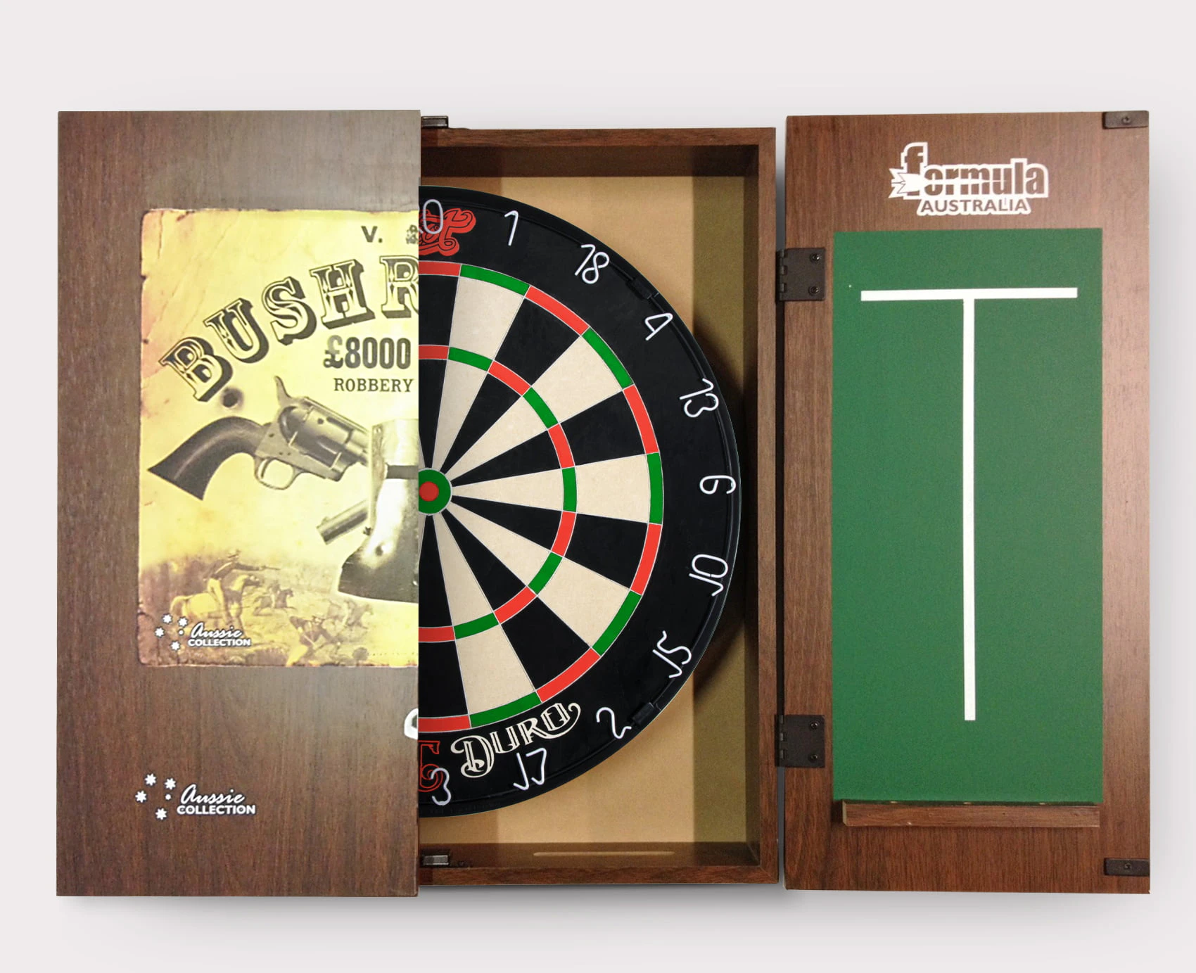 SHOT DARTS Bandit Duro Bristle Dart Board + Ned Kelly Bush Ranger Cabinet + Darts