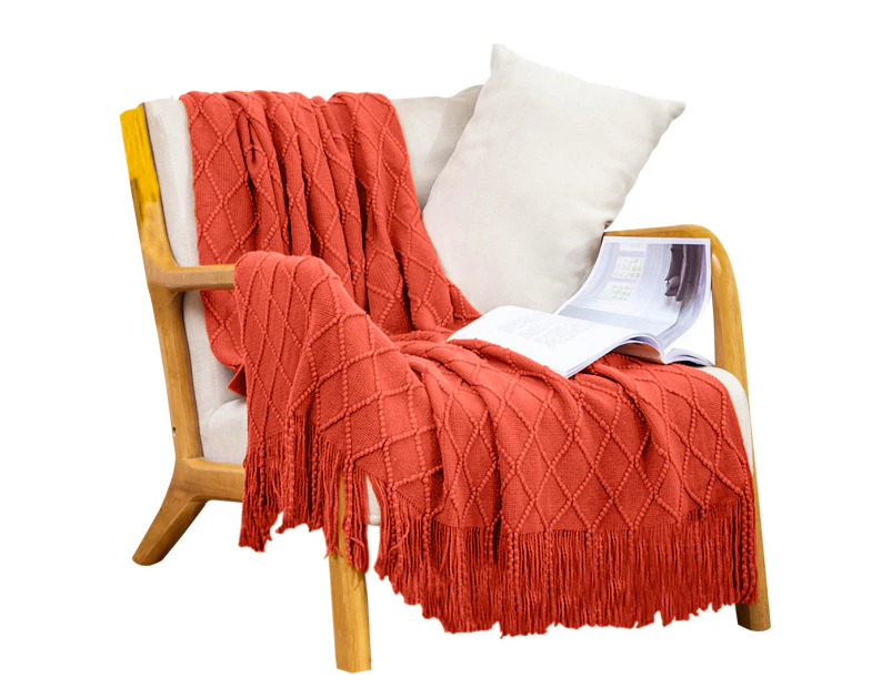 SOGA Red Diamond Pattern Knitted Throw Blanket Warm Cozy Woven Cover Couch Bed Sofa Home Decor with Tassels