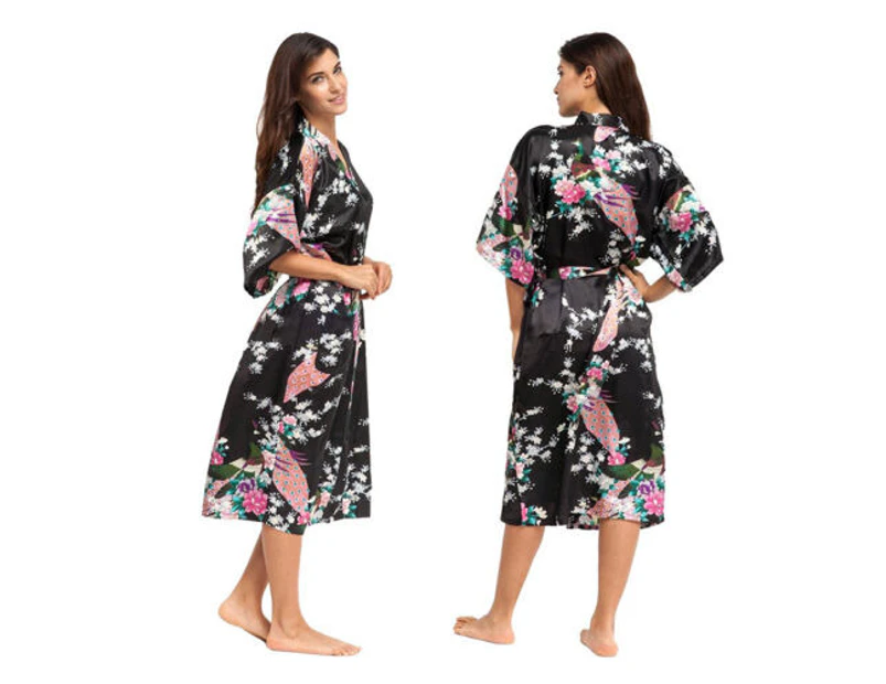 Huaping Lady Satin Silk Long Robe Floral Night Dress Bathrobe Kimono Nightwear - Black