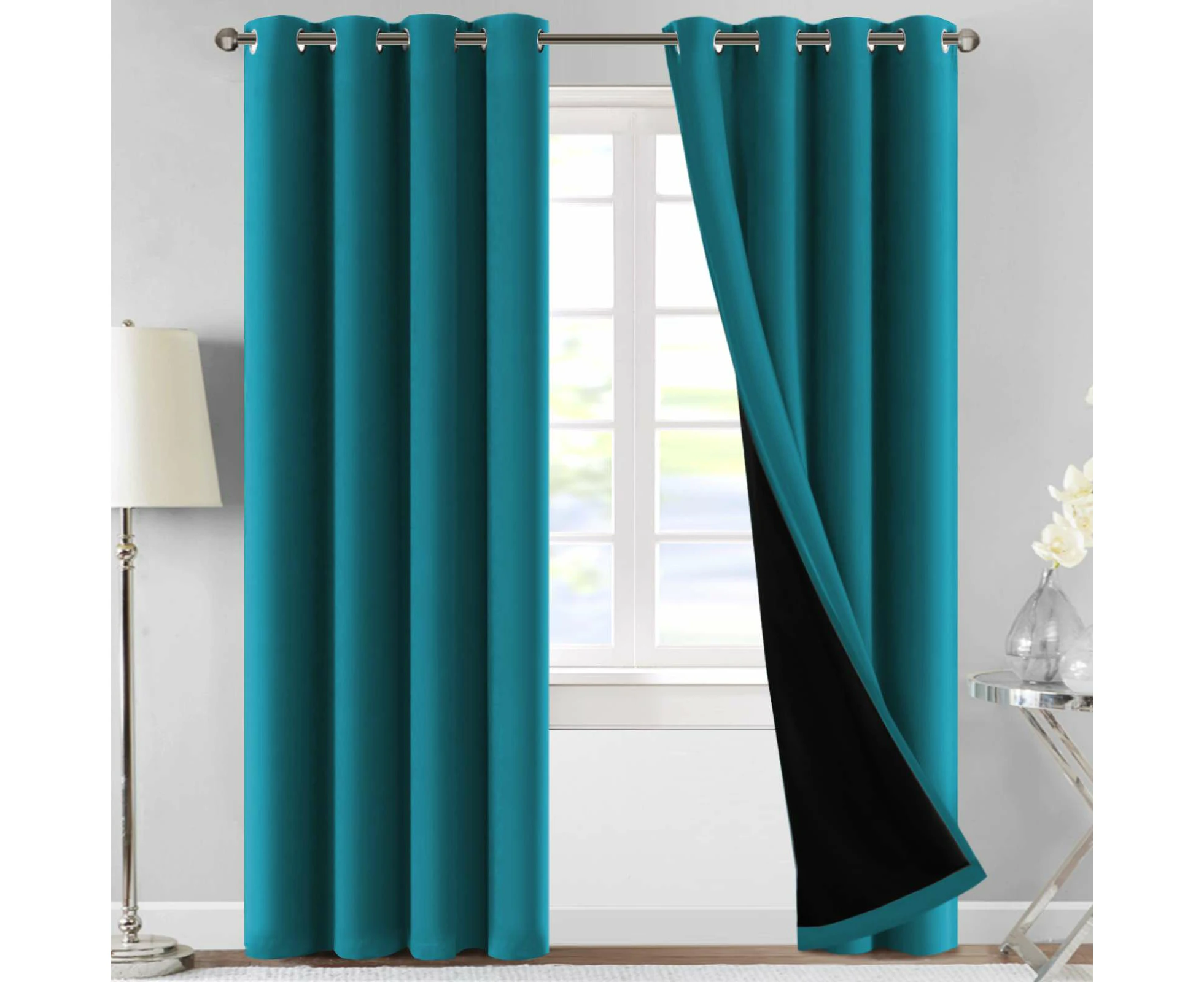 PrimePros 100% Blackout Curtains Thermal Insulated Full Room Darkening Noise Reduce Curtains Double Layer with Black Liner 2 Panels Set, Turquoise Blue