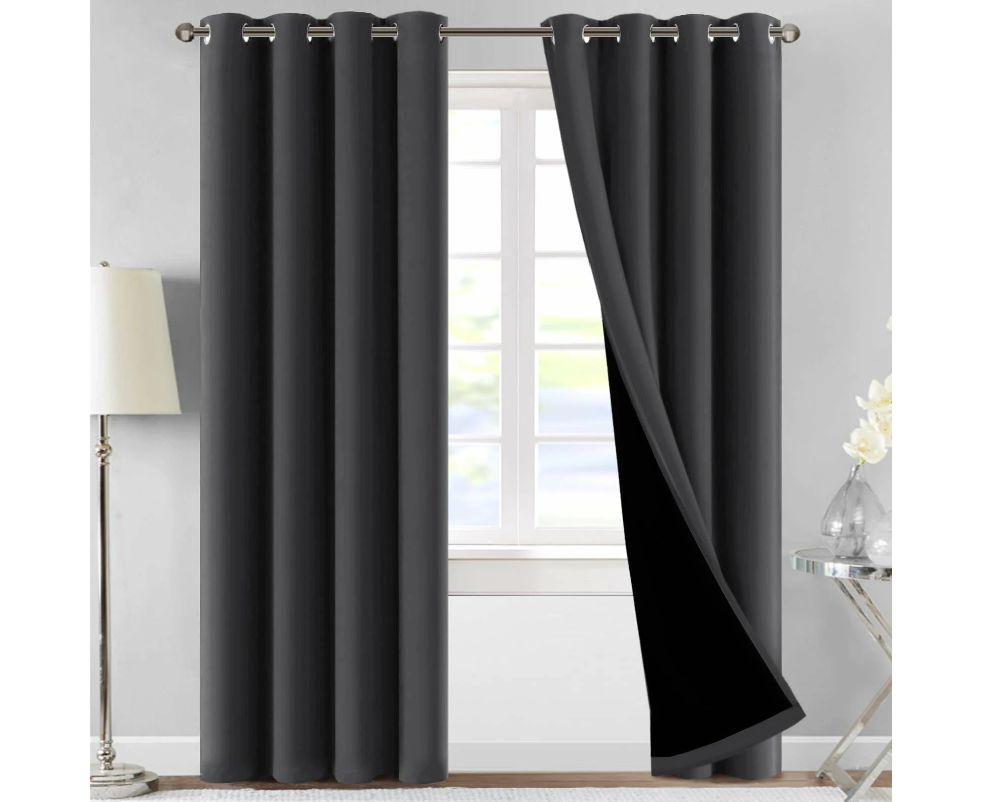 PrimePros 100% Blackout Curtains Thermal Insulated Full Room Darkening Noise Reduce Curtains Double Layer with Black Liner 2 Panels Set, Charcoal Grey