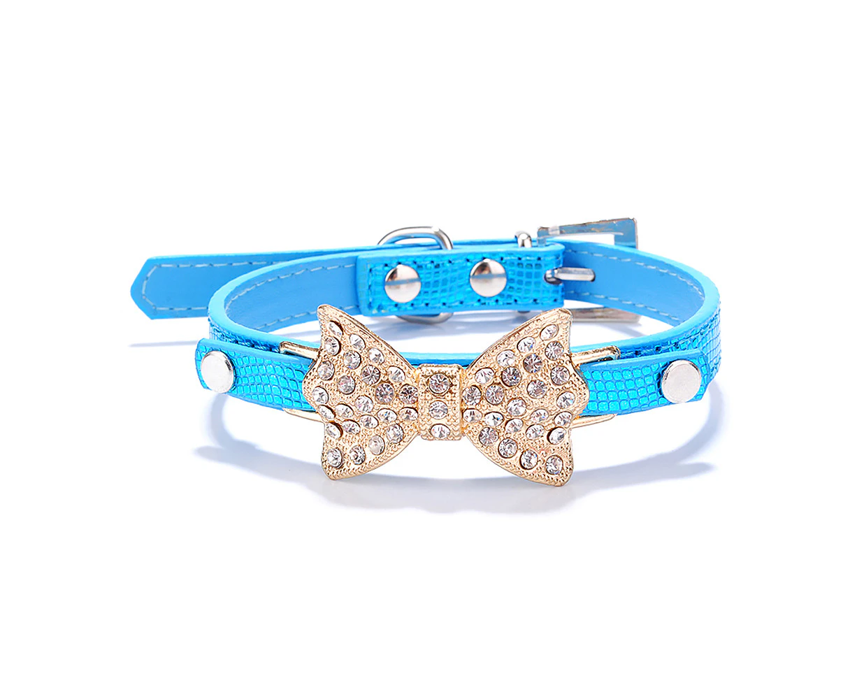 Bowtie Rhinestone Pet Leather Collar Blue