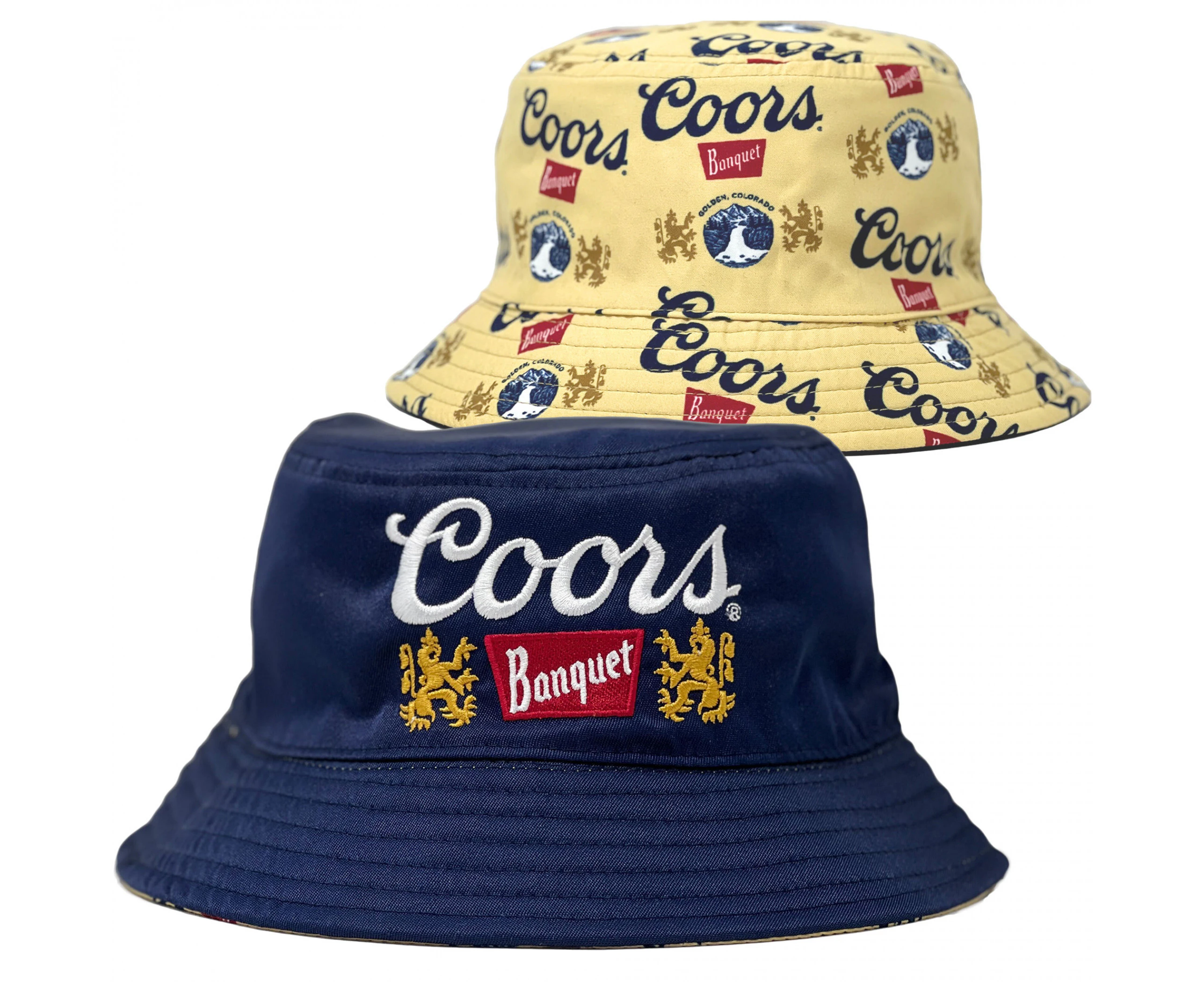 Coors Banquet Beer Brand and All Over Logos Reversible Text Bucket Hat