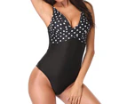 sunwoif Ladies Tummy Control Bikini Monokini Push Up Padded Swimwear - Black Dots+Black