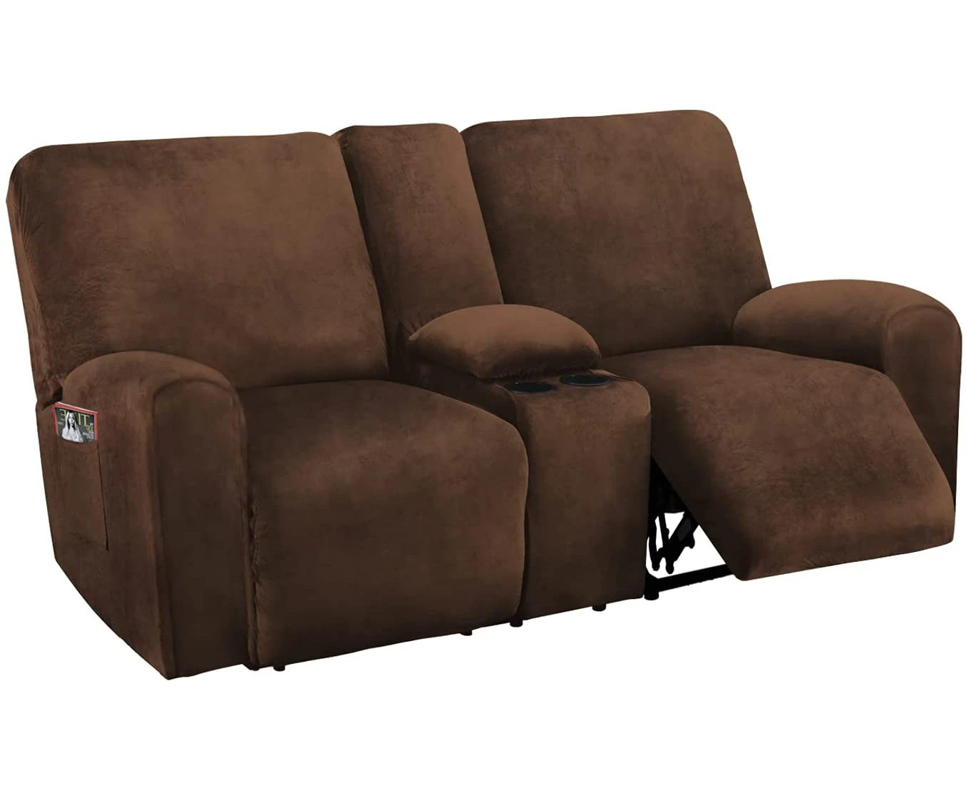 2 Seater with Middle Console Slipcover, Velvet Stretch Loveseat Reclining Sofa Covers, Thick, Soft, Washable, Brown