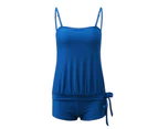 Women Split High Waist Boyshorts Sexy Backless Tankini Set Swimsuit - Peacock Blue