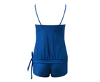 Women Split High Waist Boyshorts Sexy Backless Tankini Set Swimsuit - Peacock Blue