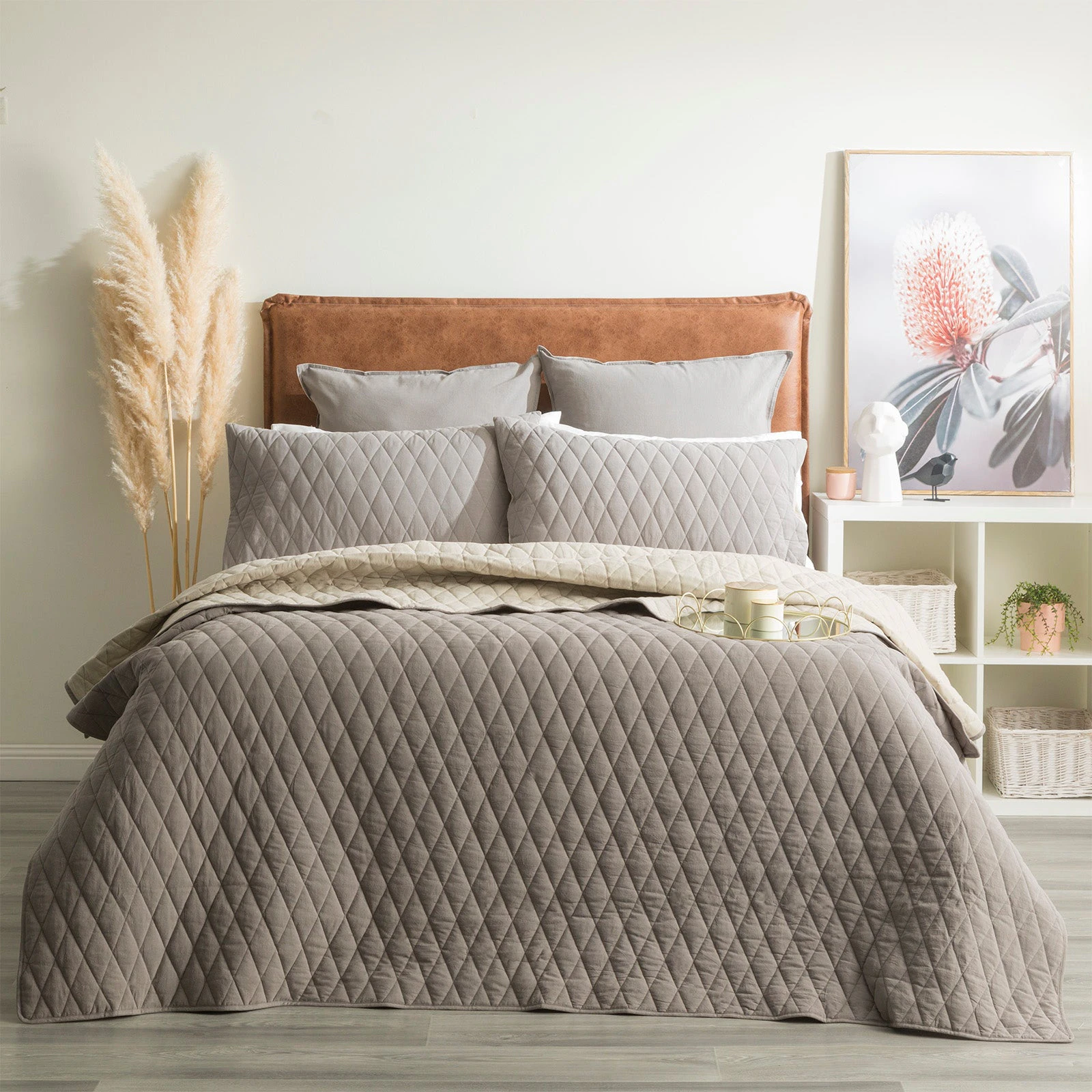 Reversible Diamante Vintage Stone Washed 100% Cotton Quilted Coverlet Set by Renee Taylor | 2 Sizes - 6 Colours - Charcoal