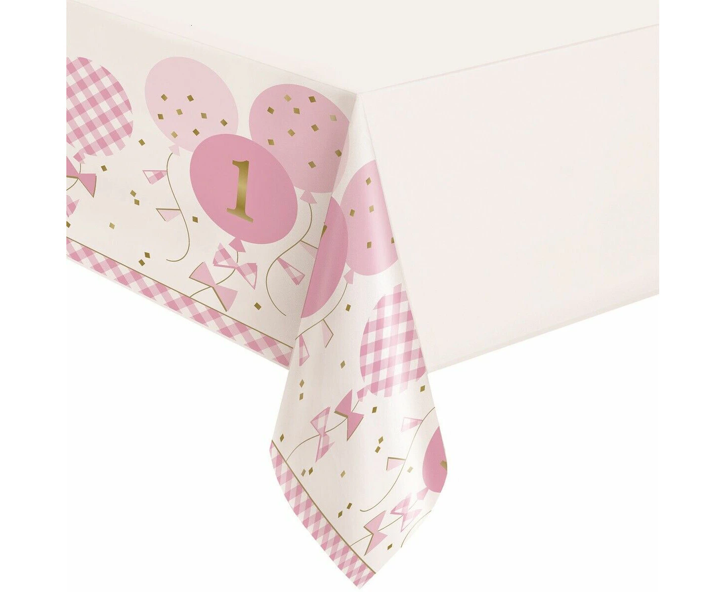 First 1st Birthday Party Gingham Pink Gold Table Cover Tablecloth Plastic One