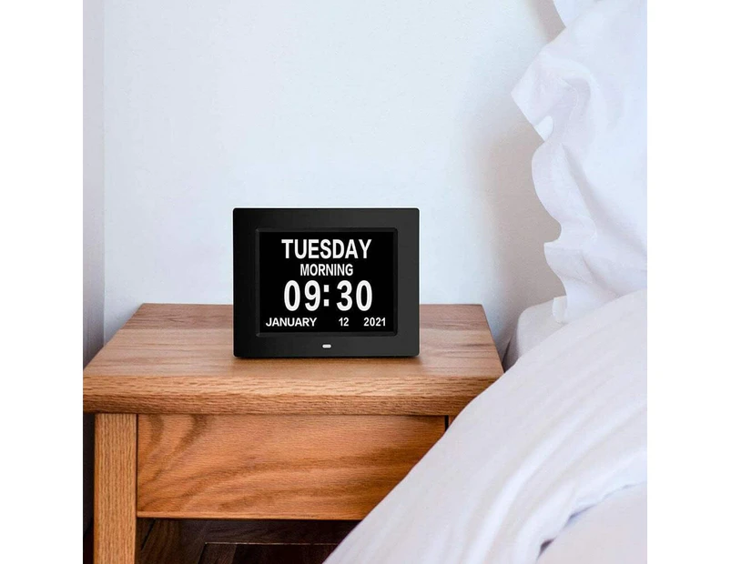 8inch LED Dementia Digital Calendar Clock Alarm Extra Large Day/Week/Month/Year - Black