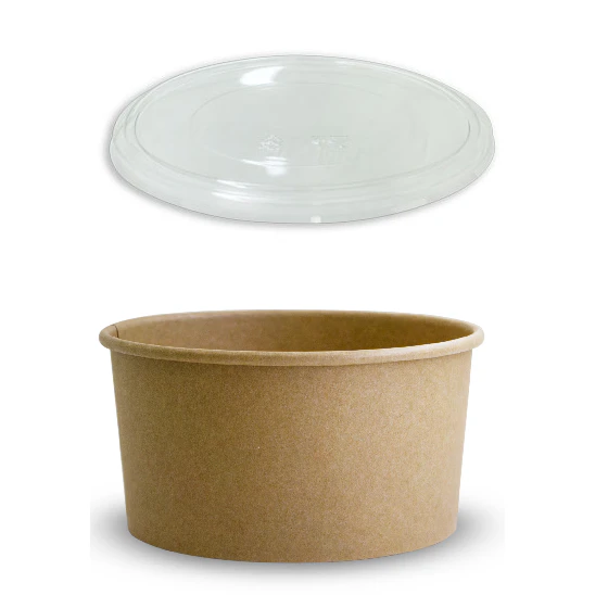 100 X Brown Kraft Paper Food Bowls And Lids 1000Ml - Brown with Clear Lid