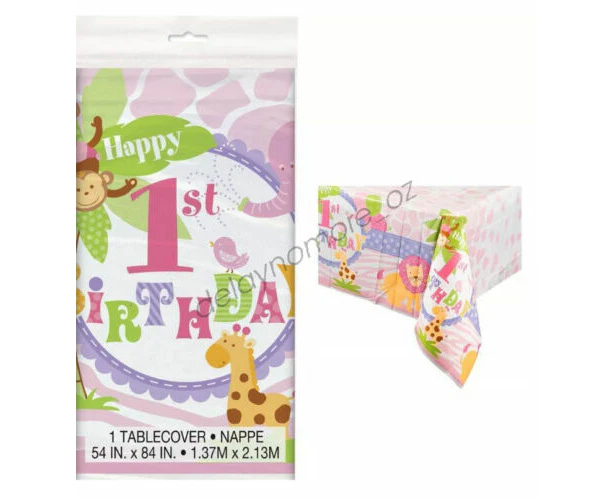 First 1st Birthday Party Pink Safari Jungle Table Cover Tablecloth Plastic Girl