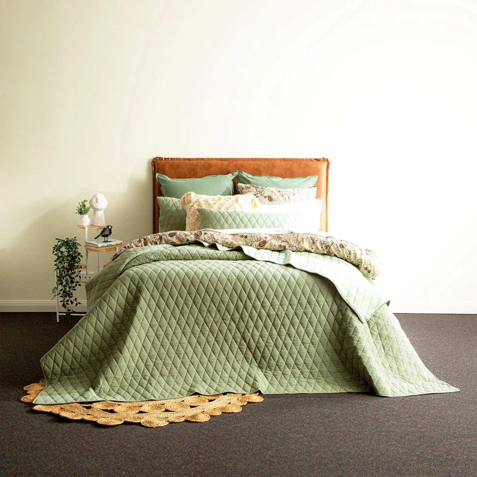 Reversible Diamante Vintage Stone Washed 100% Cotton Quilted Coverlet Set by Renee Taylor | 2 Sizes - 6 Colours - Juniper