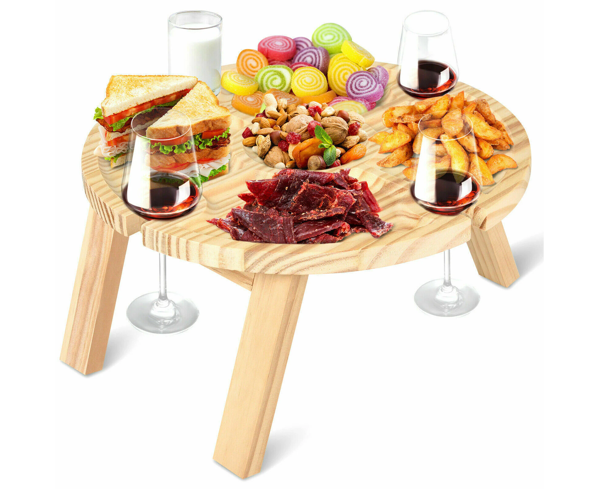 Mini Picnic Table with Glass Holder Wooden Folding Wine Table for Beach Garden Party Boat Camping Picnic