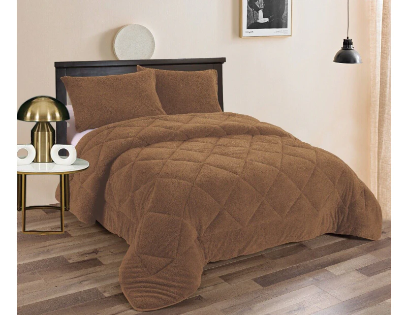 Ramesses Fluffy Soft Teddy Fleece 3pc Comforter Set | Ultra Warm Bedding Fluffy Comforter | 4 Sizes - 6 Colours - Camel