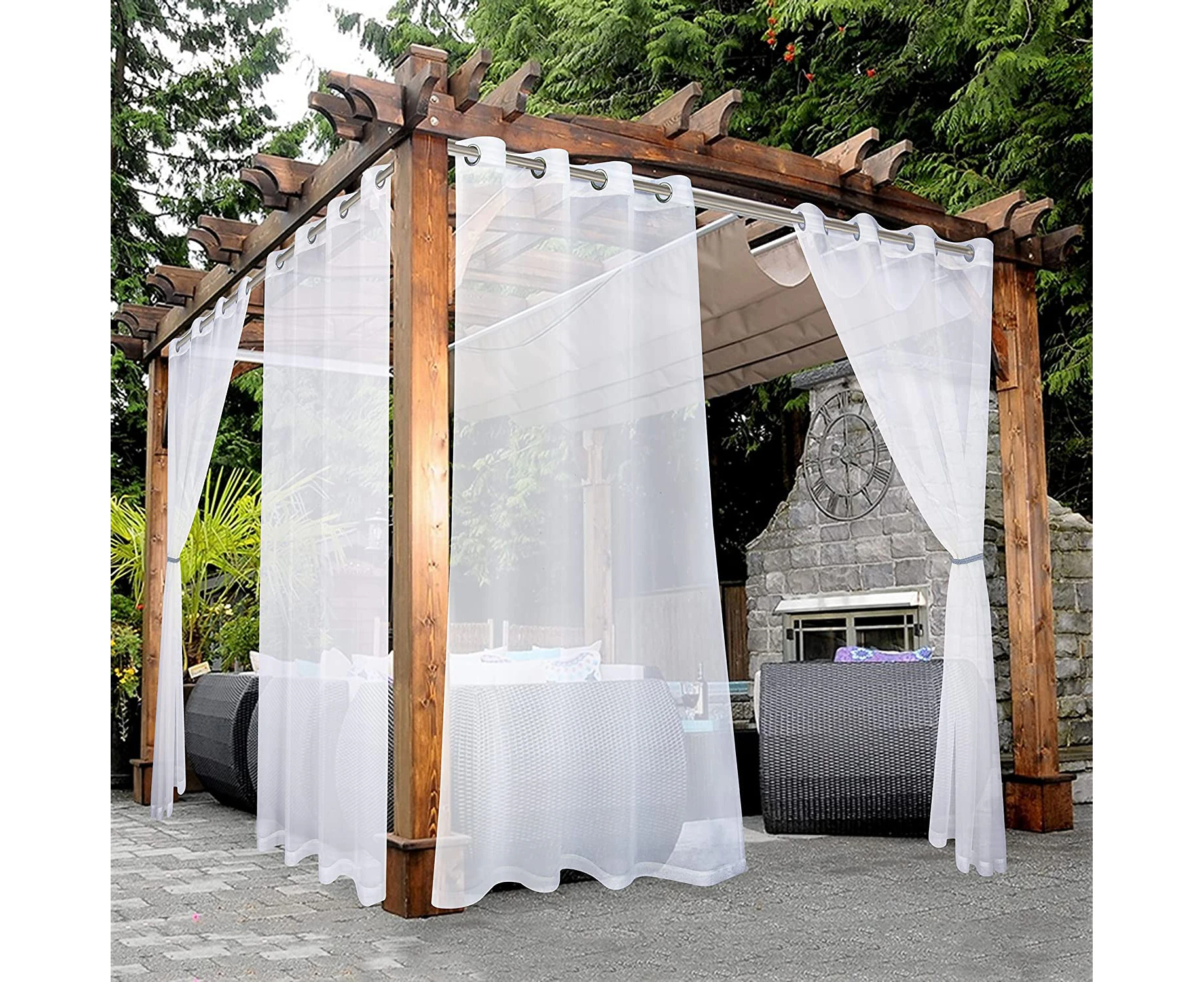 White Outdoor Sheer Curtains for Patio Waterproof - 2 Panels Grommet Indoor Voile Sheer Curtain for Living Room, Bedroom, Porch, Pergola, Cabana,White