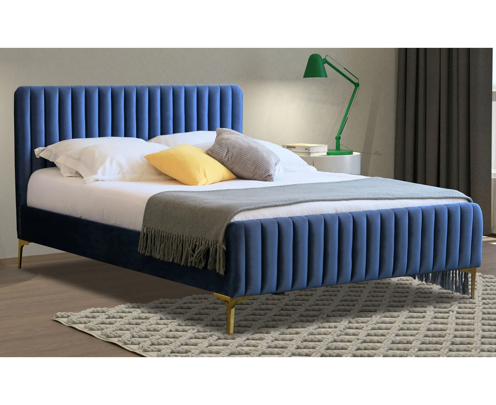 Istyle Modern Classic Alissa Double Velvet Bed Frame Blue with Gold Legs