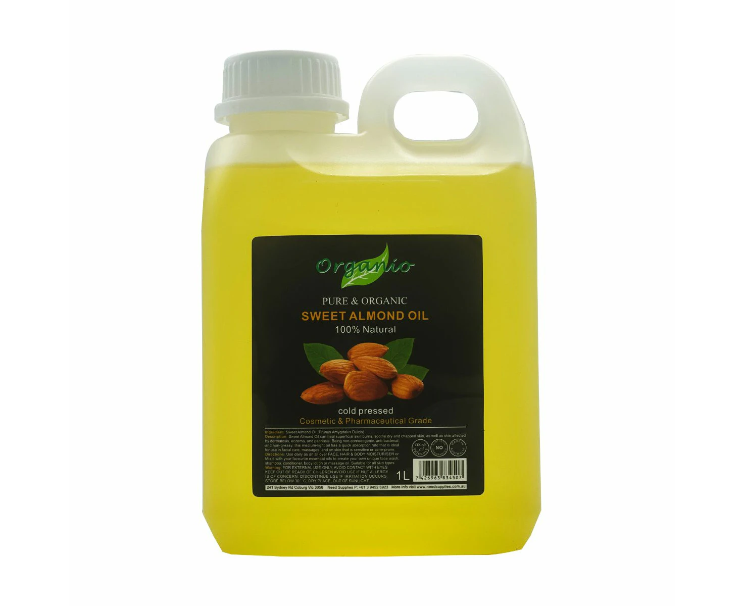 ORGANIC SWEET ALMOND OIL, COLD-PRESSED, 100% PURE, NATURAL (Cosmetic & Pharmaceutical  grade) - 1L, Without Pump