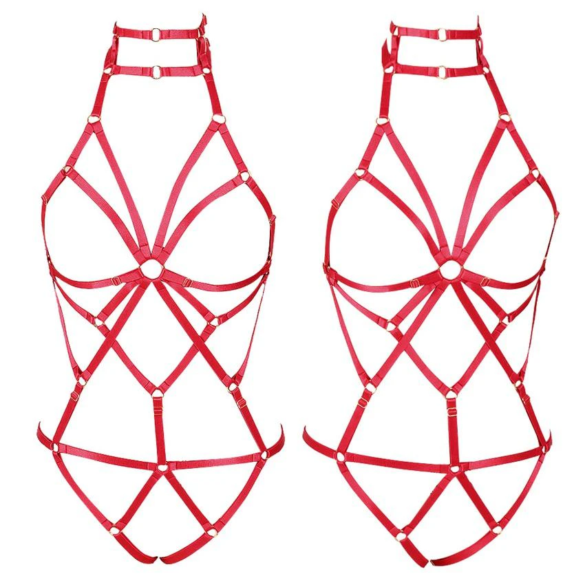 Full Body Pentagram Harness 5 Colours Erotic Lingerie Women Bdsm - Wine Red