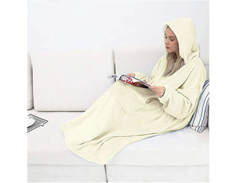 Hoodie Blanket Oversized Wearable Throw Blanket for Men and Women-Beige