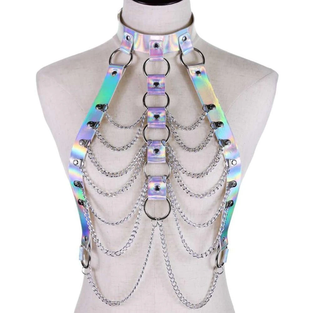 Holographic Chain Harness Women Body Fetish Clothing - White