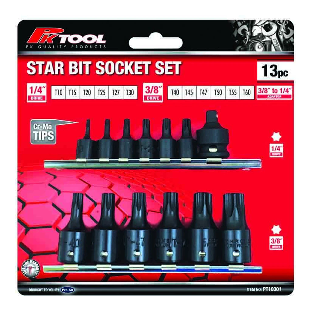 PK Tools Star Bits Socket 13pc Set Cr-V with Cr-Mo Tips