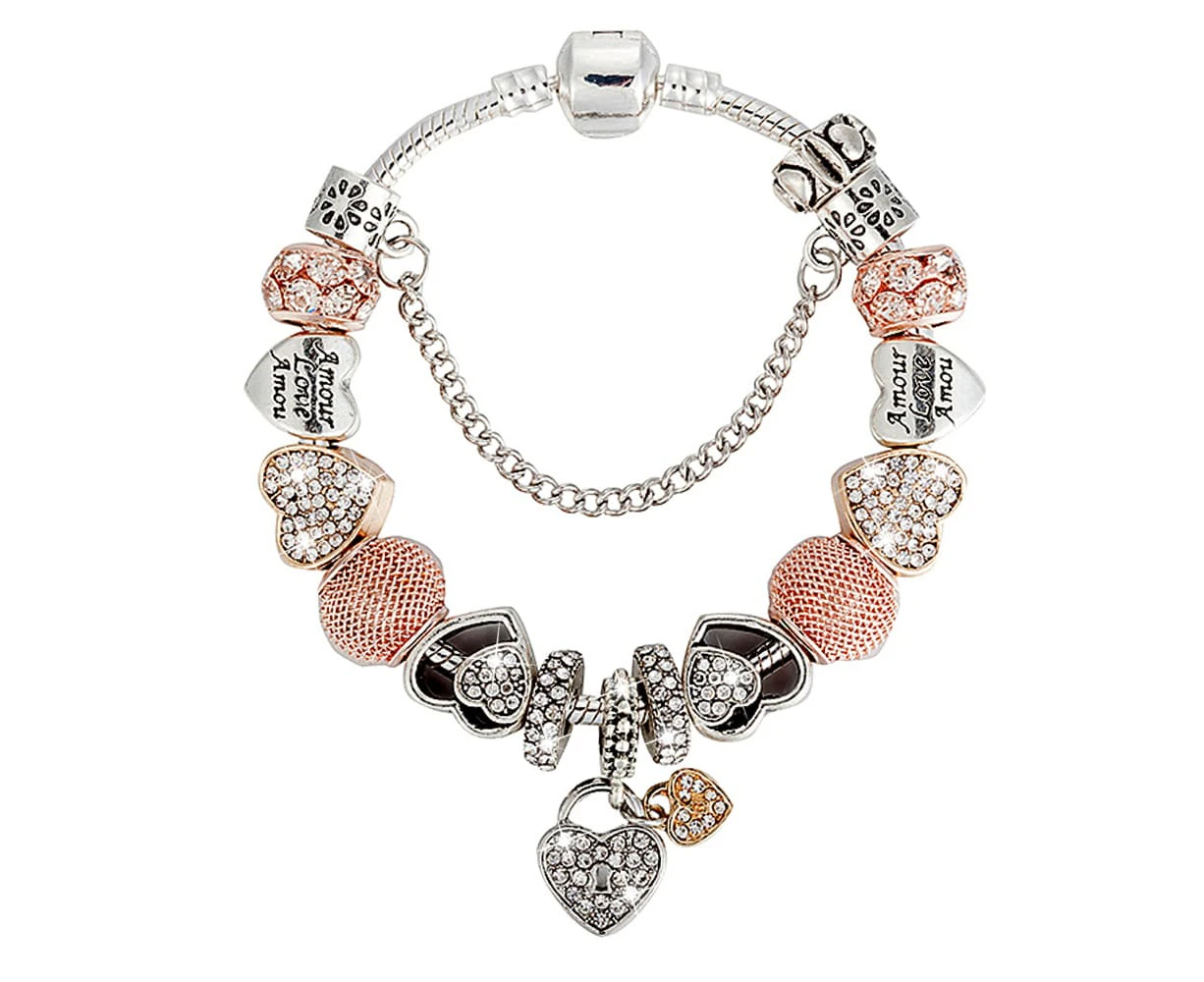 Pandora Inspired Full Set Beaded Charm Bracelet -  Triple-Tone