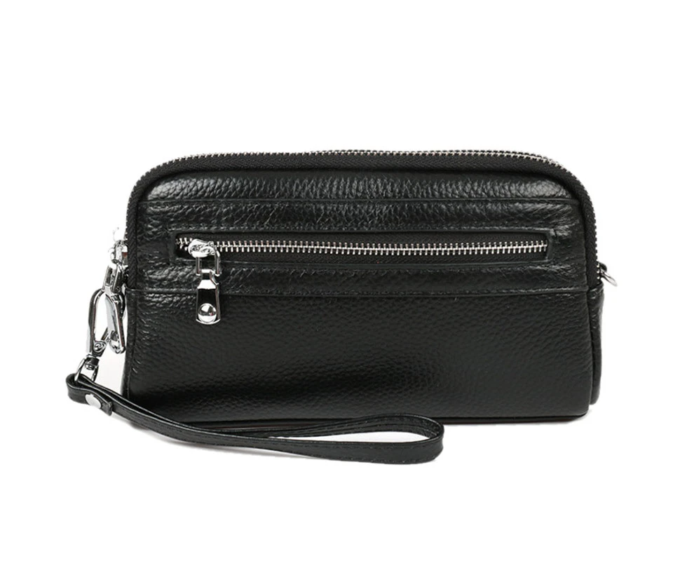 Genuine Leather Shoulder Bag With Front Pocket Zipper- Black