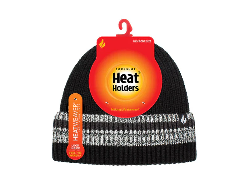 Heat Holders Warm Winter Men's Thermal Turn Over Cuff Arran Beanie - Black