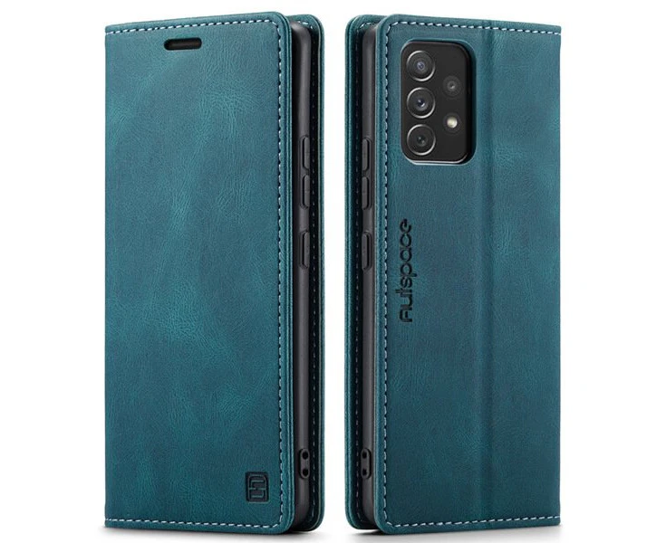 AutSpace For Samsung Galaxy A13 4G Case RFID Blocking Retro Flip Premium Leather Card Holder Wallet Cover - Cyan Blue