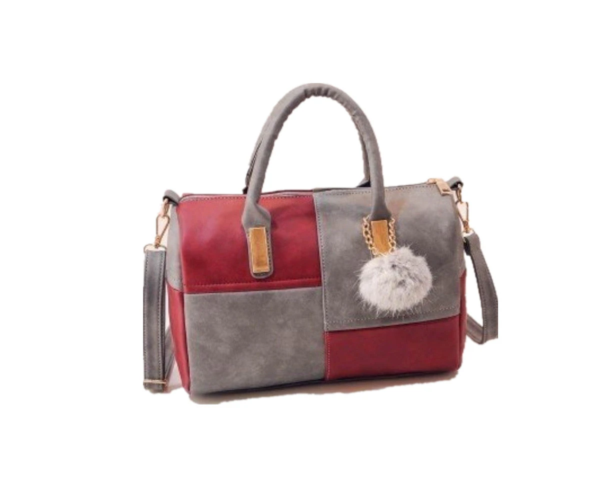 Casual PU Shoulder Bag Ladies Handbag Messenger Bag with Plush Ball (Red Grey)