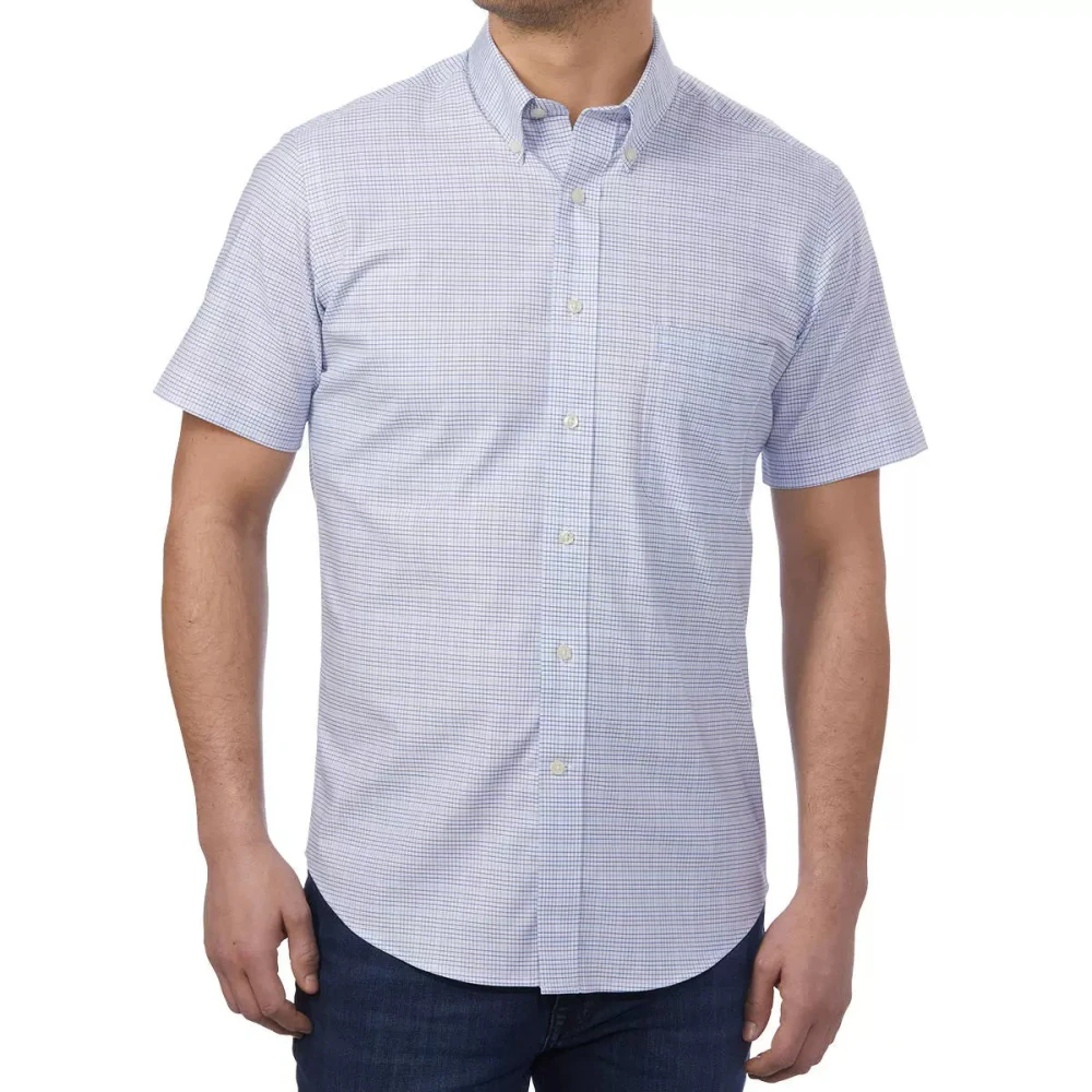 Kirkland Signature Men's Short Sleeve Non Iron Shirt | White Blue Plaid