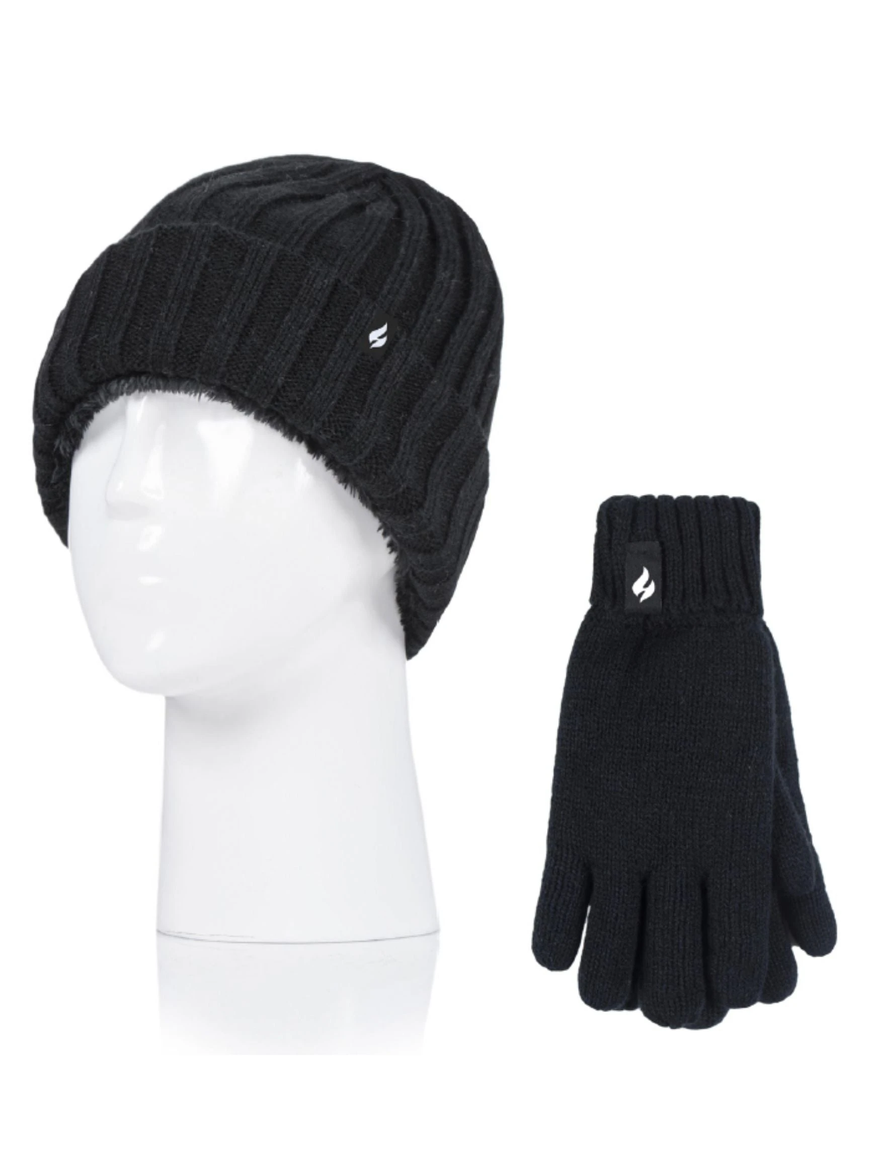 HEAT HOLDERS Warm Winter Open Road Ribbed Turn Over Thermal Beanie and Gloves-Boys 7-10 years - Black