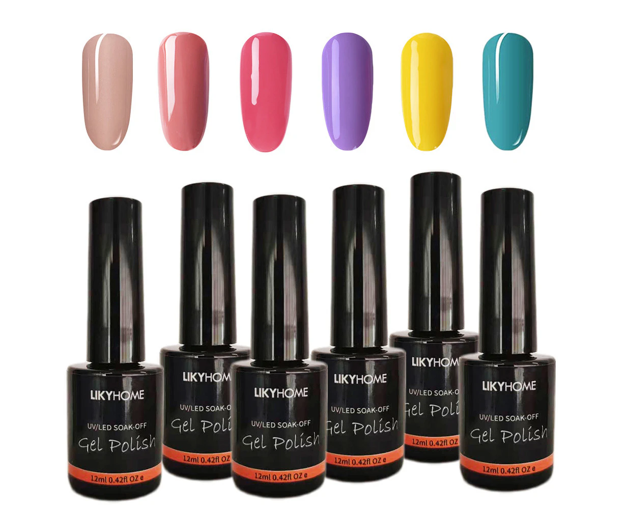 6Pcs UV LED Gel Nail Polish 12ml Soak Off Colour Nails Coat Varnish Manicure DIY-Pink/Rose/Purple/Yellow/Green-Blue