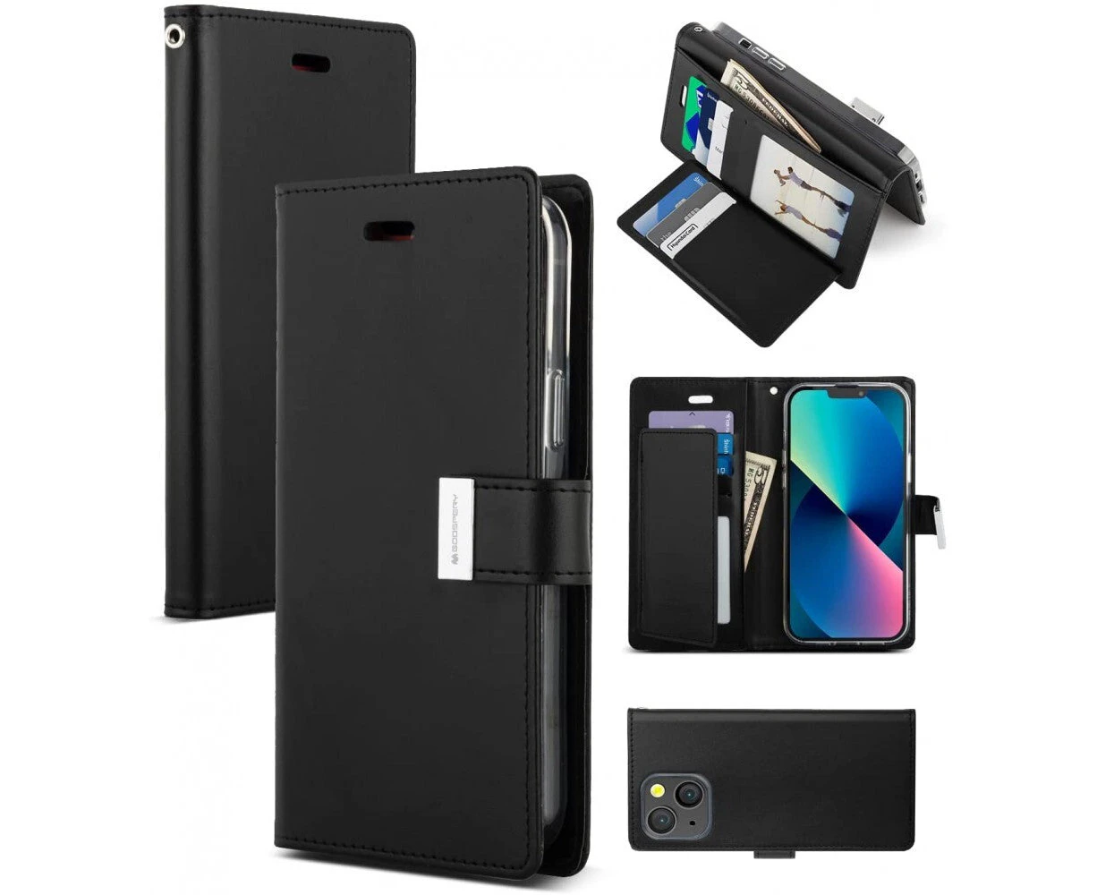 iPhone 11 Pro Max 6.5" Mercury Goospery Rich Diary Dual Wallet Flip Case Phone Cover Stand with 5 Card Holder Slots, Black